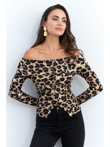 Cool & Sexy Women's Camel-Black Madonna Collar Leopard Blouse RLO77