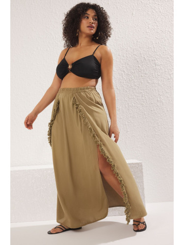 Trendyol Curve Khaki Tassel Detailed Beachwear Plus Size Skirt