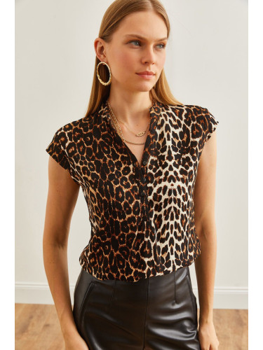 Olalook Women's Stone Leopard V-Neck 4-Button Viscose Blouse