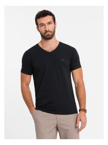 Ombre Men's V-neck SLIM FIT T-shirt with elastane and print - black