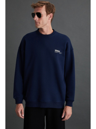 GRIMELANGE Ernest Men's Soft Inside Fleece Print Detailed Organic Cotton Oversize Navy Blue Sweatshir