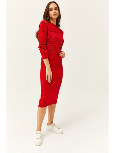 Olalook Women's Red Thin Strap Knitwear Dress Openwork Sweater Suit