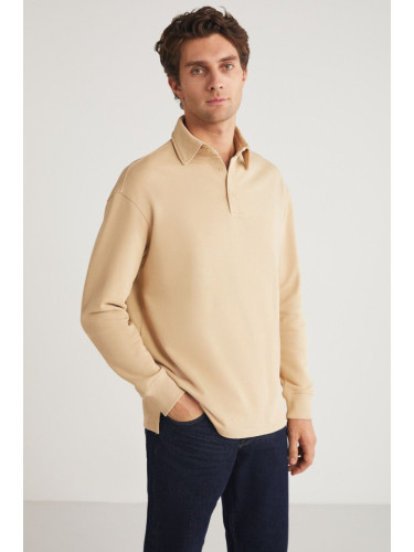 GRIMELANGE JOHN Men's Polo Sweat Shirt Collar Long Back Slit Diagonel Fabric Beige Sweatshirt