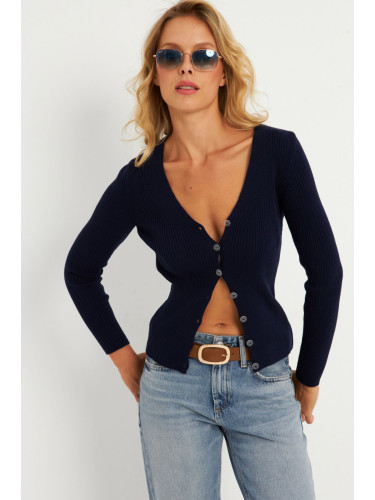 Cool & Sexy Women's Navy Blue Buttoned Knitwear Cardigan YV94