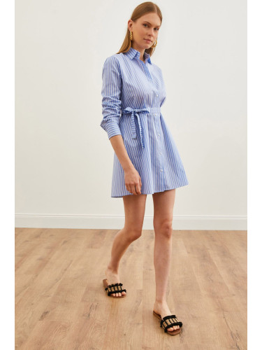 Olalook Women's Blue Striped Belted Mini Shirt Dress