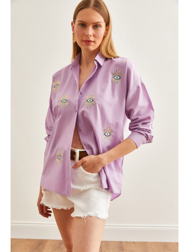 Olalook Women's Eye Lilac Sequin Detailed Woven Boyfriend Shirt