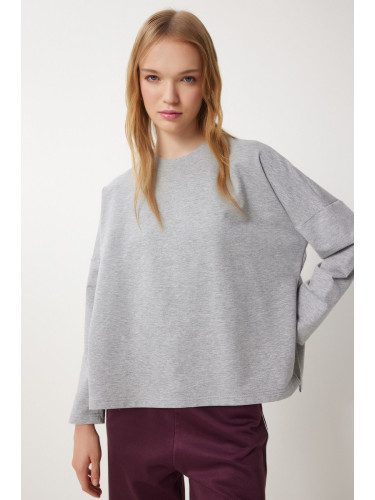 Happiness İstanbul Women's Gray Melange Side Slit Oversize Knitted Sweatshirt