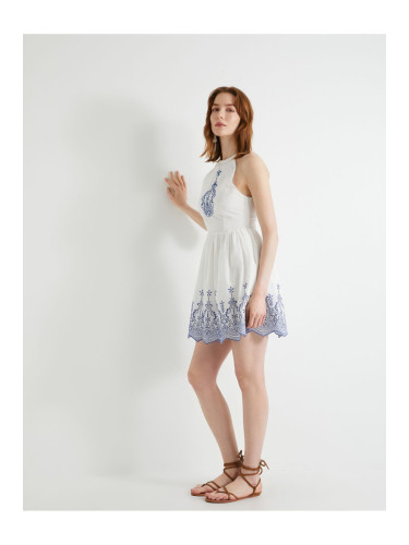 Koton Mini Halter Neck Dress Flounce Embroidered