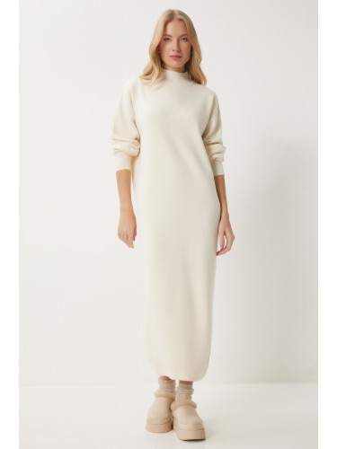 Happiness İstanbul Women's Bone Turtleneck Long Knit Dress