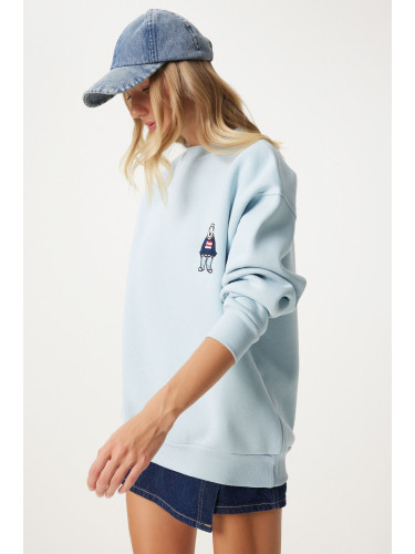 Happiness İstanbul Women's Sky Blue Embroidered Crest Raised Oversize Sweatshirt