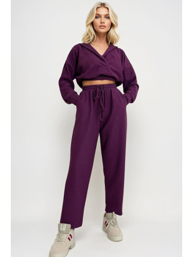 Trend Alaçatı Stili Women's Plum Hooded Double Breasted Loose Cut Seasonal Bottom Top Set