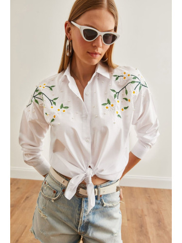 Olalook Women's Daisy White Embroidery Detailed Oversize Woven Shirt