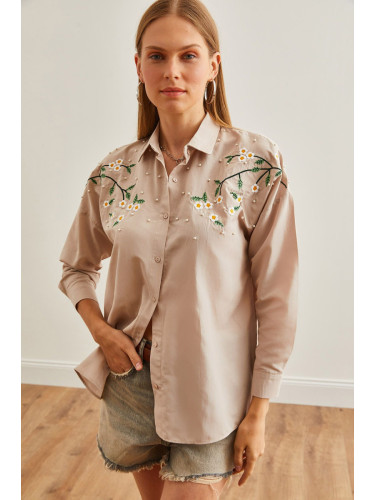 Olalook Women's Daisy Stone Embroidery Detailed Oversize Woven Shirt