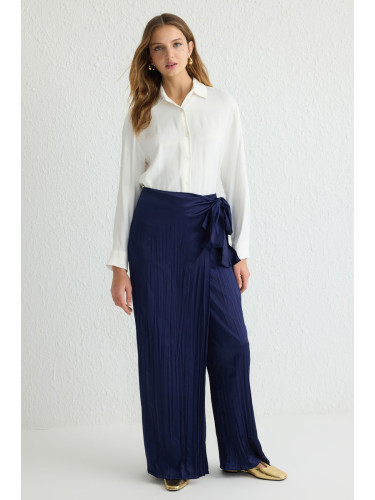 Trendyol Navy Blue Textured Satin Woven Trousers