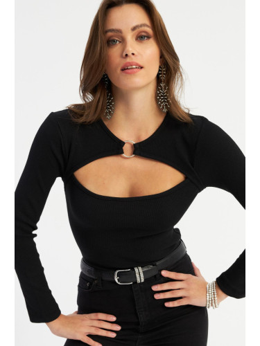 Cool & Sexy Women's Black Front Hooped Windowed Camisole Blouse