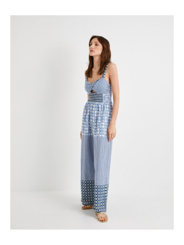 Koton Wide Leg Jumpsuit Patterned Window Detailed Strap Gimped Cotton