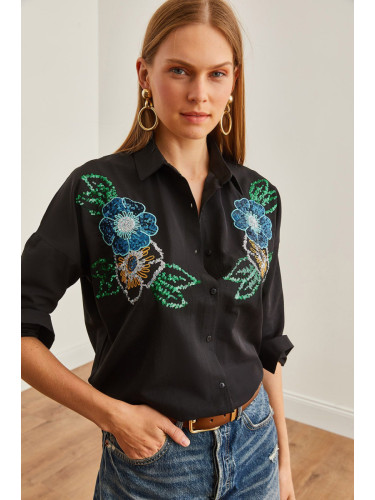 Olalook Women's Floral Black Palm Sequin Detailed Woven Shirt