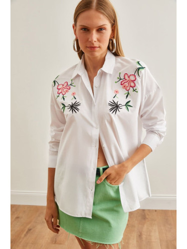 Olalook Women's Lily White Embroidery Detailed Oversize Woven Shirt