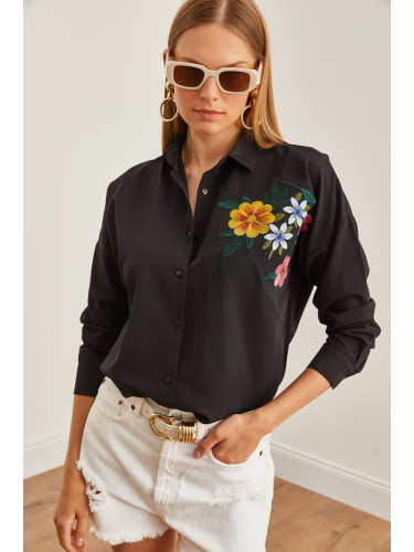 Olalook Women's Floral Black Embroidery Detailed Oversize Woven Shirt