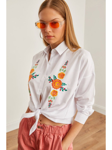 Olalook Women's Orange Floral White Embroidery Detailed Oversize Woven Shirt