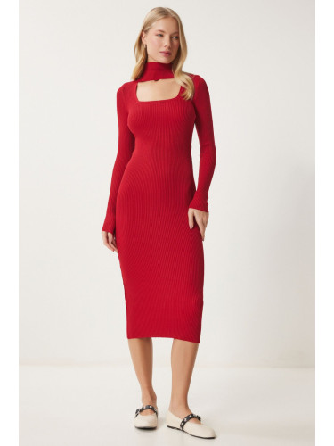 Happiness İstanbul Women's Red Cut Out Detailed Stand Collar Ribbed Knit Dress