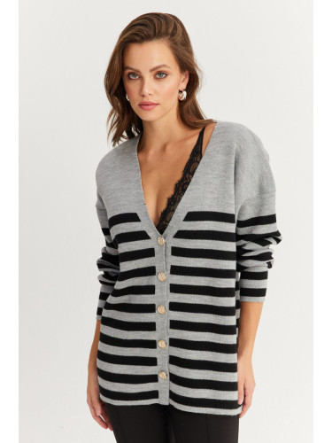 Cool & Sexy Women's Gray-Black Striped Knitwear Cardigan CNG3