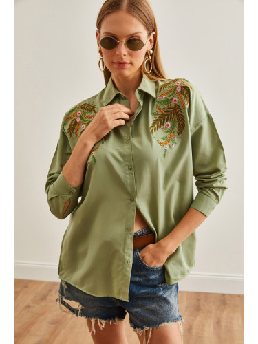 Olalook Women's Leaf Mold Green Embroidery Detailed Oversize Woven Shirt