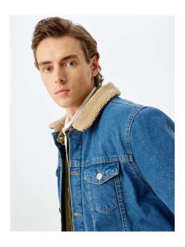 Koton Faux Fur Collar Detailed Flap Pocket Cotton Denim Jacket