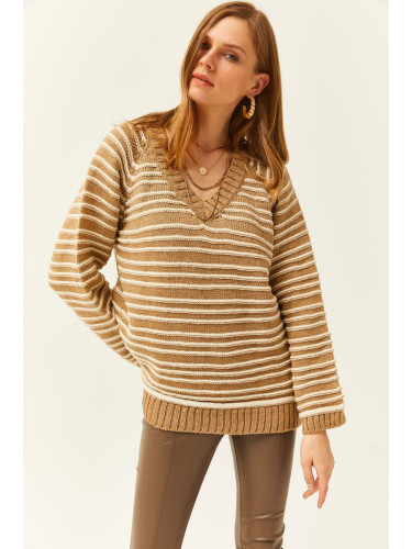 Olalook Women's Mink V-Neck Striped Soft Textured Knitwear Sweater