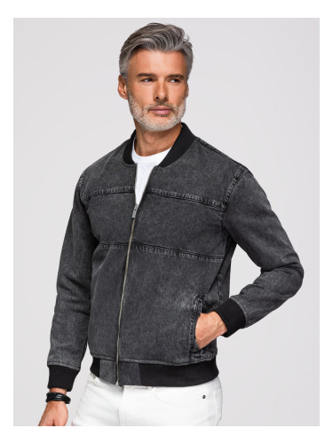 Ombre Men's denim bomber jacket with stone wash effect - black