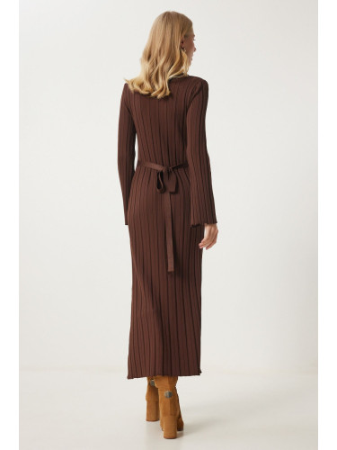 Happiness İstanbul Women's Brown Belted Ribbed Long Knit Dress