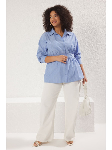 Trendyol Curve Blue Striped Waist Detail Weaving Plus Size Shirt