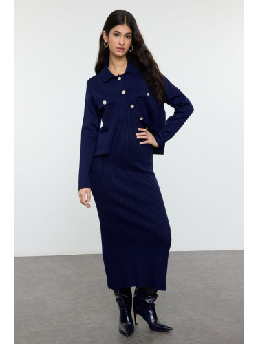 Trendyol Navy Blue Cardigan-Dress Knitwear Bottom-Top Set