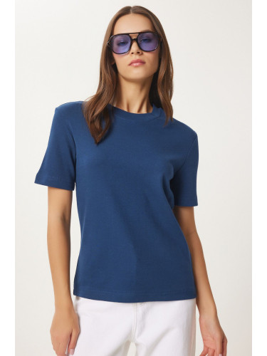 Happiness İstanbul Women's Cobalt Blue Cotton Basic Knitted T-Shirt