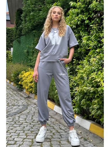 Trend Alaçatı Stili Women's Painted Gray Printed T-Shirt And High Waist Jogging Suit