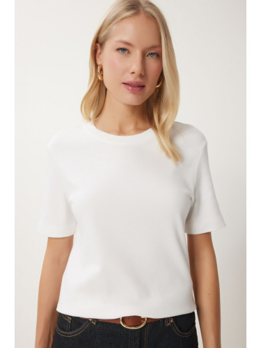 Happiness İstanbul Women's White Cotton Basic Knitted T-Shirt