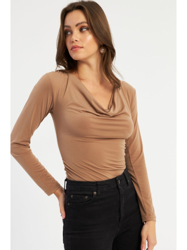 Cool & Sexy Women's Camel Cowl Collar Gathered Blouse