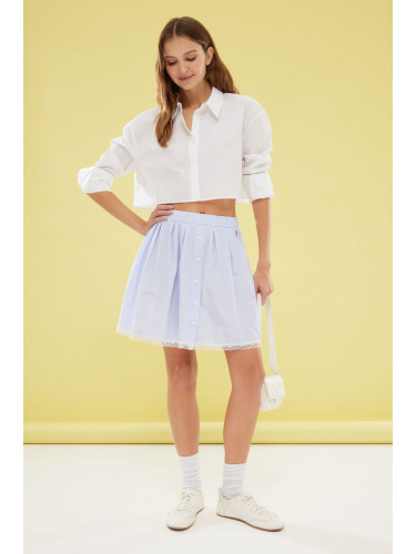 Trendyol Blue Pleated Mini Skirt with Front Button and Lace Hem Detail