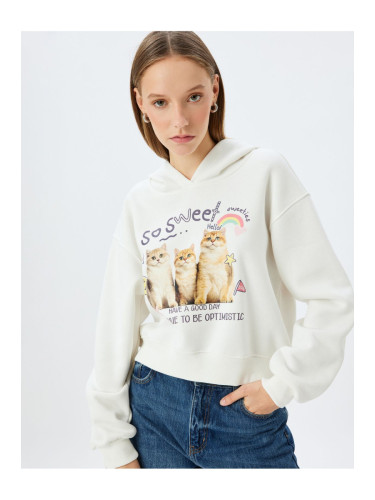 Koton Hooded Cat Printed Raised Comfortable Crop Sweatshirt