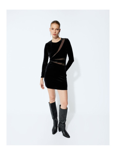 Koton Velvet Tulle Detailed Long Sleeve Mini Dress