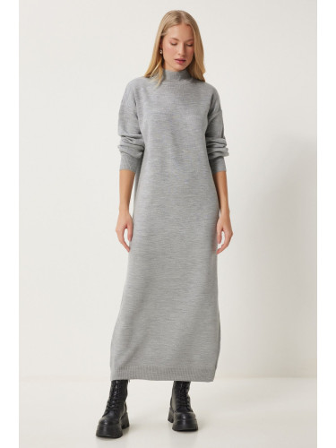 Happiness İstanbul Women's Gray Melange Turtleneck Long Knit Dress