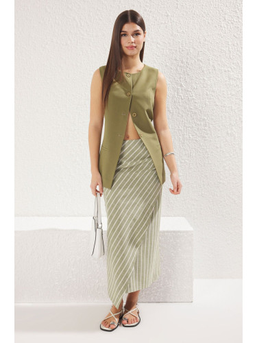 Trendyol Khaki Linen Look Fabric Striped Gathered Detail Midi Length Woven Skirt