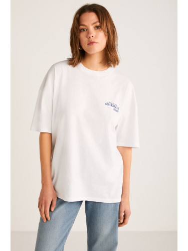 GRIMELANGE Finola Women's Oversize Short Sleeve White T-shirt with Blue Text Detail on the Front and Bac