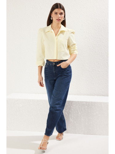 Trendyol Yellow Crop Regular Regular Pattern Woven Shirt