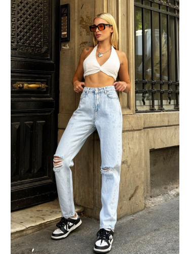 Trend Alaçatı Stili Women's Ice Blue High Waist Knee Ripped Mom Jeans