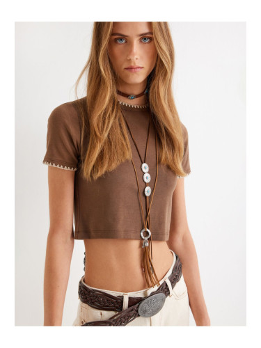 Koton Short Arm Cycling Crop T-Shirt with Crochet Neck Detail