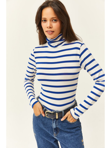 Olalook Women's Saks Blue Striped Turtleneck Premium Soft Touch Flexible Blouse