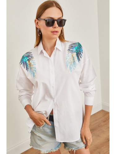 Olalook Women's White Leaf Sequin Detailed Woven Shirt