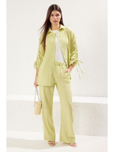 Trendyol Light Green Linen Look with Gathered Detail Woven Bottom-Top Set