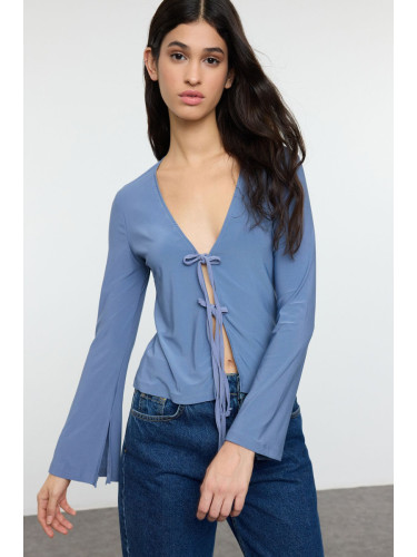 Trendyol Indigo Body-fitting Regular/Normal Pattern with Binding Detail Stretchy Knitted Blouse